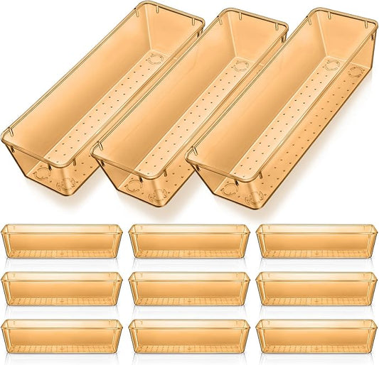 Maitys 12 Pcs Clear Drawer Organizer 9 x 3 x 2 Inches Plastic Rectangle Trays Makeup Vanity Storage Bins and Kitchen Drawers Dividers for Office Desk Silverware Kitchen Utensils(Champagne)