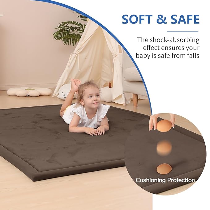 Large 79"x110" Baby Activity Play Mat for Floor,1.3" Thick Elasti Foam Cushion Mat for Tummy Time & Crawling,Non-Slip&Safe for Infants,Toddlers & Kids, for Living Room,Classroom & Playroom（Dark Brown)