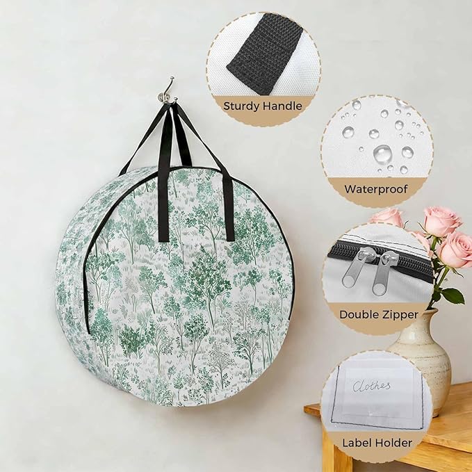 Storage Bag Maple Tree Pine Round Storage Totes Bins Closet Organizers with Zippers & Handle Watercolor Plants Green Clothes Storage Container for Bedroom Dorm Space Saving Packing Supplies Bags