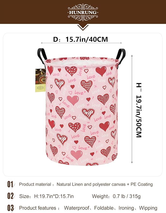 HUNRUNG Collapsible Fabric Storage Basket, Waterproof Laundry Hamper with Handles, Round Storage Bin for Clothes Toys, Foldable Organizer for Bedroom Nursery Bathroom(Round-Pink Love Heart)