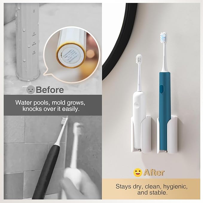 Electric Toothbrush Holder for Bathroom, Wall-Mounted Toothbrush Stand with Self-Adhesive, Compact Bathroom Caddy for Electric Toothbrushes (White-2pcs)
