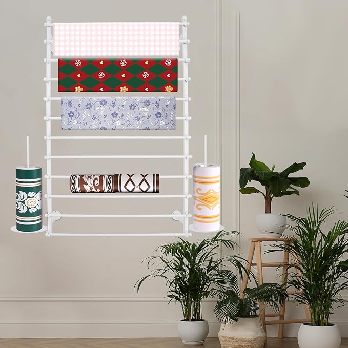 12-Layer Ribbon Holder Organizer Rack Wall Mounted Wrapping Paper Storage Rack Ribbon Dispenser Holder Wrapping Station Display Racks for Craft Room Florist Cake Shop(White)