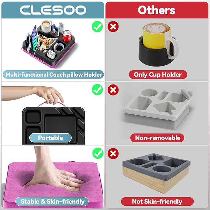 Couch Cup Holder Tray Couch Cup Holder Pillow Bed Tray Snack Sofa Bed Caddy Organizer Beach Sofa Drink Holder Anti-Spill Portable Snack Caddy Couch Remote Holder for Phone Pad Kindle Beverage Purple