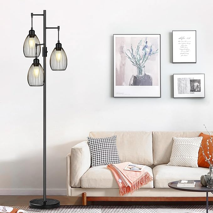 Torondo 70" Dimmable Floor Lamp with Marble Base, 3 x 800LM LED Edison Bulbs Included, Industrial Black Floor Lamps for Living Room, Rustic Tall Lamps Standing Lamp for Bedrooms Living Room