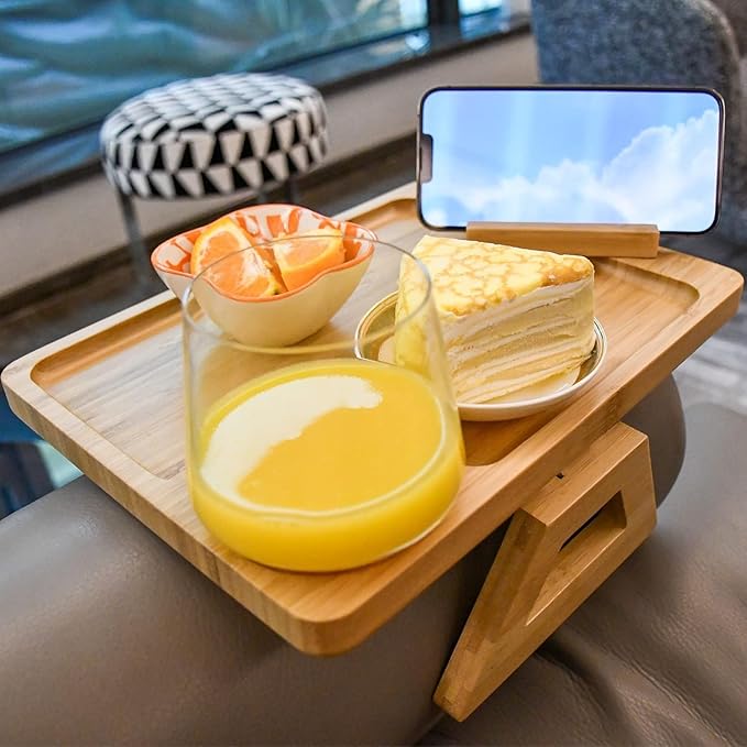 Bamboo Sofa Arm Tray Table, Foldable Couch Armrest Table with Cup Holder & 360° Phone Holder, Portable Snack Tray for Remote, Drinks, Food - Fits Most Sofa Arms.