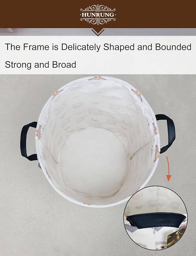 HUNRUNG Collapsible Fabric Storage Basket, Waterproof Laundry Hamper with Handles, Round Storage Bin for Clothes Toys, Foldable Organizer for Bedroom Nursery Bathroom(Round-Love Owl)