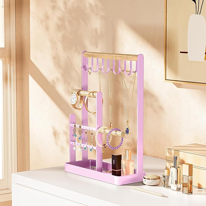 ProCase Jewelry Stand Holder Organizer, 4-Tier Necklace Holder with Ring Tray, 10 Hooks Necklaces Hanging Small Jewelry Display Storage Tower Tree for Bracelets Earrings Watches -Medium, Purple