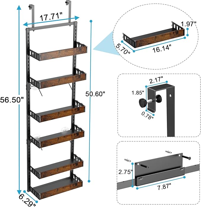 BUKFEN 6-Tier Over the Door Pantry Organizer, 2-in-1 Door Hanging or Wall Mounted Spice Rack, Heavy Duty Metal Storage Shelves with Adjustable Wooden Baskets for Kitchen Bathroom Closet