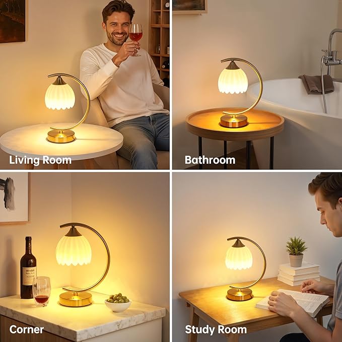 Shenmoyl Tulip Table Lamp, 5200mAh Cordless Touch Control Table Lamp with 3 Color Temps & Stepless Dimming, Rechargeable Battery Table Lamp for Living Room, Bedroom, Office, Shelf (White Tulip)
