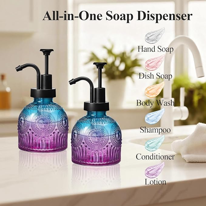 SheeChung Vintage Soap Dispenser, Kitchen Dish Soap Dispensers with Pump Mat, Glass Hand Soap Dispenser for Bathroom, Liquid, Lotion, Refillable, Rustic Farmhouse Decor-Purple Blue (Black Pump, 2 pk)
