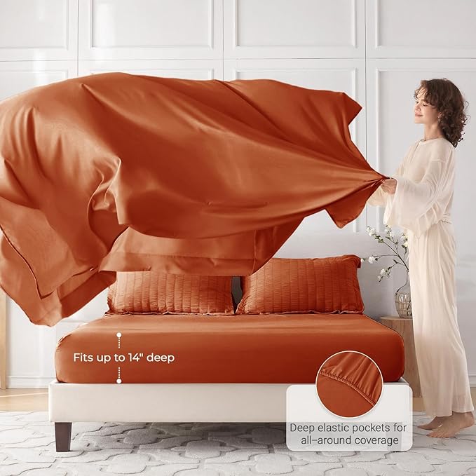 MUXHOMO 7 Pieces Full Comforter Set, Seersucker Bed in a Bag Full Size, All Season Luxury Bedding Set with Comforter, Flat Sheet, Fitted Sheet, Pillowcases & Shams, Burnt Orange