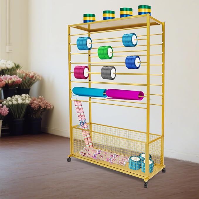 16 Tier Ribbon Holder Organizer Rack, Metal Double-Sided Ribbon Spool Storage Shelf with Wheels, Rolling Flower Wrapping Paper Storage Stand for Craft Room Flower Shop Gift Wrapping(Wider, Gold)