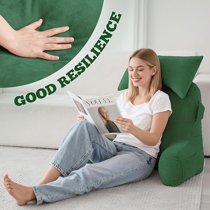 Unisakey Portable Reading Pillows with Headrest for Bed Sitting Up(Green Oeko-Tex), Velvet Back Pillow with Arms & Pockets for Adults, Support Memory Foam Bed Pillow for Dorm/Reading/Watching/Gaming