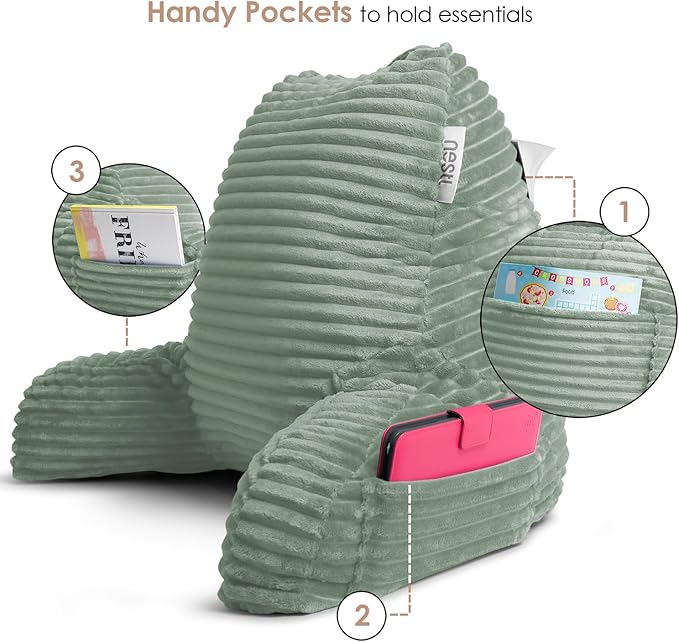 Nestl Sage Green Reading Pillow with Bed Desk for Laptop and Writing, Luxe Cut Plush Back Pillow for Sitting Up, Back and Arms Adjustable Support for Adult and Teens, Foldable Lap Desk for Bed 22x14”