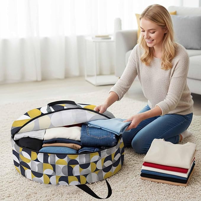 Storage Bag Mid Century Geometric Round Storage Totes Bins Closet Organizers with Zippers & Handle Abstract Modern Yellow Clothes Storage Container for Bedroom Dorm Space Saving Packing Supplies Bags