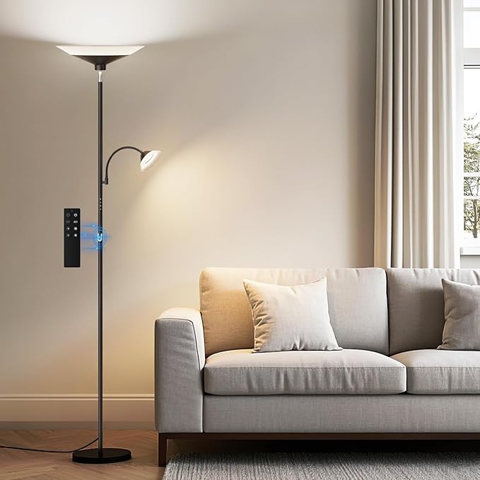SIBRILLE Upgraded 2-in-1 Torchiere Floor Lamp, Dimmable Standing Lamp with Remote&Touch Control, 34W Brightness Adjustable Floor Reading Light, Black Modern Corner Lamp for Living Room Bedroom Office