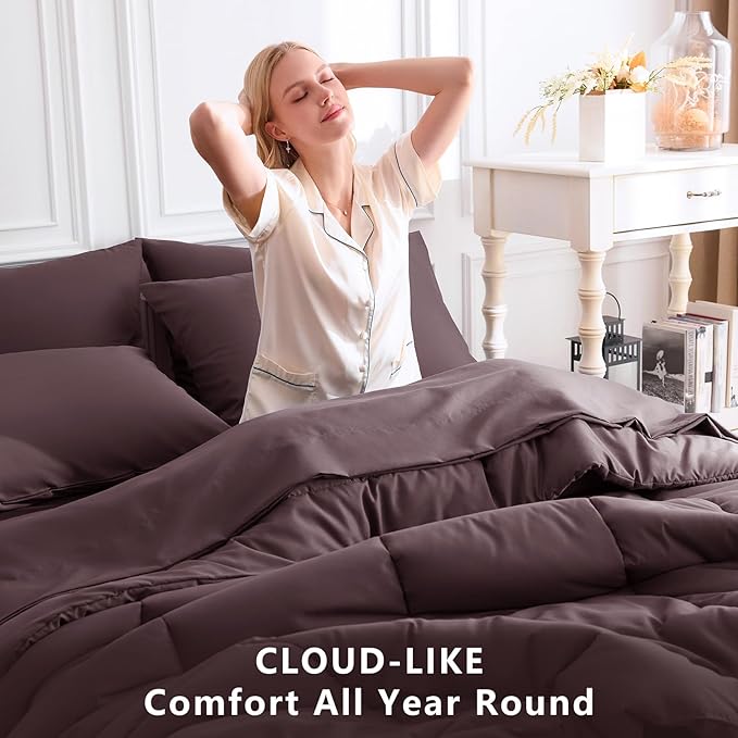 CozyLux King Size Comforter Set Cocoa Powder, 7 Pieces Bed in a Bag, Brown Comforter King Size, All Season Bedding Sets with Stitch Quilted Comforter, Flat Sheet, Fitted Sheet, Pillowcases