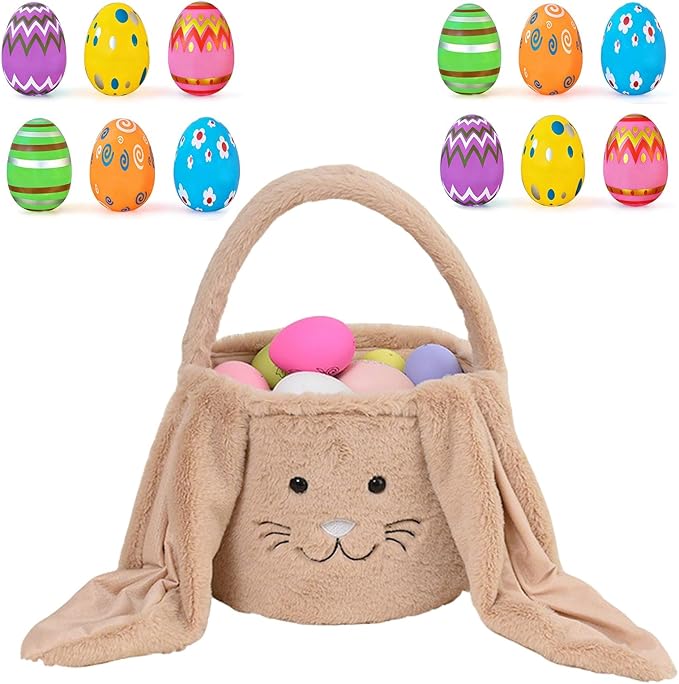 Plush Bunny Easter Egg Handbag Set, 2026 New Easter Storage Basket, 12 Openable Easter Eggs(Brown)