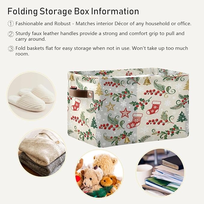 Christmas Storage Baskets, Canvas Collapsible Bins with Holiday Pattern, 14.2x10.2x8.3 Inches, Decorative Organizers with Handles for Home Organization