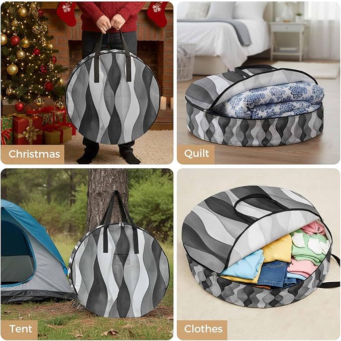 Gray Ripple Round Storage Bag 30 Inch, Abstract Gradient Watercolor Modern Clothes Storage Container with Handles Heavy Duty Organizer for Comforter, Bedding & Holiday Wreaths
