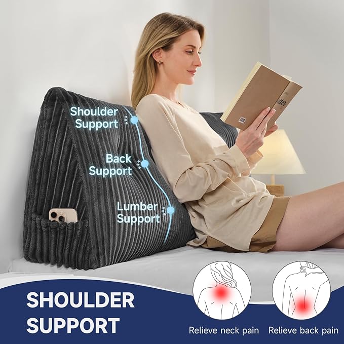 Z-hom Large Headboard Pillow Full, NO ROLL Pillow, Wedge Pillow Headboard for Sitting Up in Bed, Backrest Support Triangular Cushion for Reading, Gap Pillow w/Removable Washable Cover,Grey