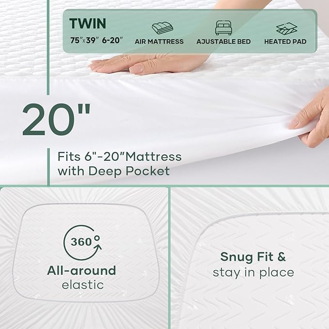 OhGeni 100% Waterproof Twin Size Mattress Protector,Mattress Soft Pad,Pet Hair & Bedwetting Resistant,Cooling Breathable Fitted Sheets,Washable Bed Cover,Non-Slip Deep Pocket,Noiseless for Kids Rooms