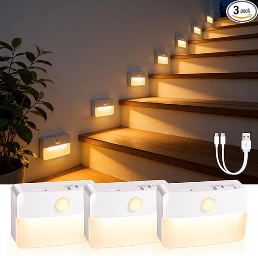 3 Pack Rechargeable Motion Sensor Stair Lights for Indoor, Wireless Battery Operated Night Light, Magnetic Led Stick On Portable Lamp for Step Hallway Closet Under Cabinet Bedroom Kitchen Bathroom