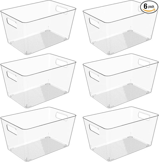 6 Pack Clear Plastic Storage Bins, 11" Large Pantry Organizer Bins with Handles, Plastic Containers for Refrigerator,BPA-Free Perfect for Kitchen,Fridge,Cabinet,Pantry,Bathroom,Closet Organization