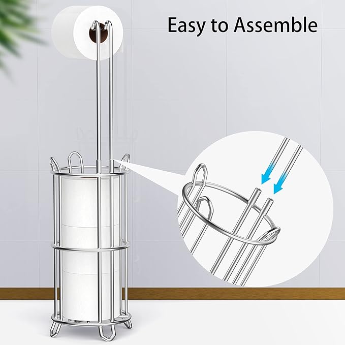 Meangood Toilet Paper Holder Stand and Tissue Paper Roll Dispenser for 4 Mega Rolls, Bathroom Free Standing Tissue Roll Storage Holder Rack, Metal Wire Silver