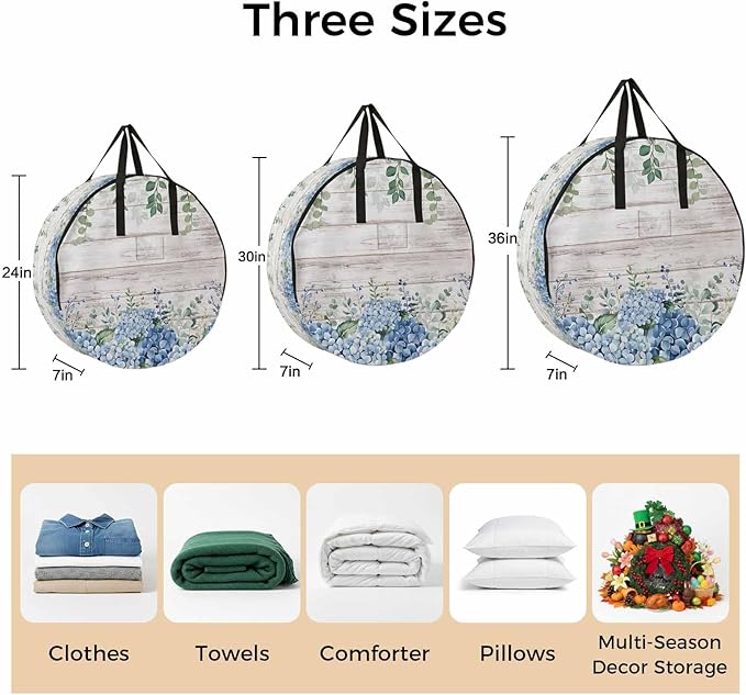 Storage Bag Blue Hydrangea Round Storage Totes Bins Closet Organizers with Zippers & Handle Green Eucalyptus Leaves Wood Grain Clothes Storage Container for Bedroom Dorm Space Saving Packing Supplies