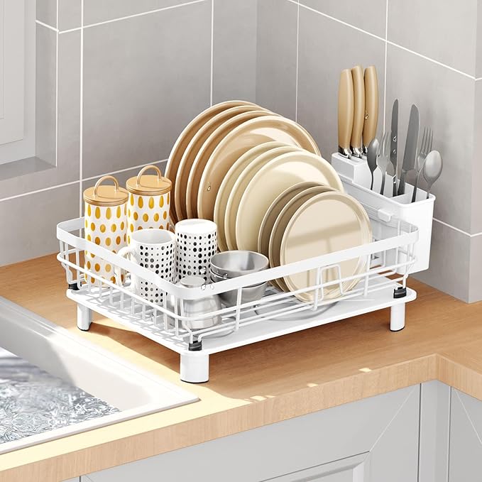 GAXmi Dish Drying Rack Over The Sink Drainer with Drainboard Utensil Holder, 1-Tier White