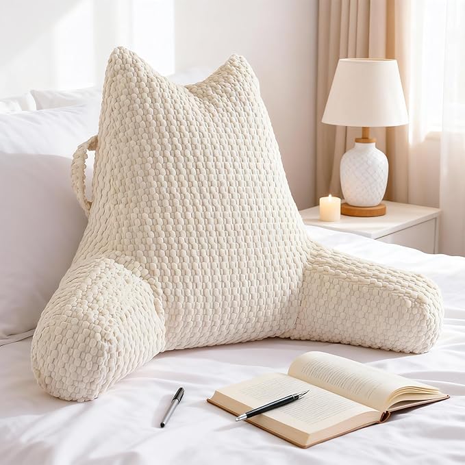 Reading Pillow for Bed Sitting Up, Backrest Pillow with Shredded Memory Foam Filling, Back Support Cushion, Bed Rest Pillow with Arms, Pockets and Washable Cover-Beige