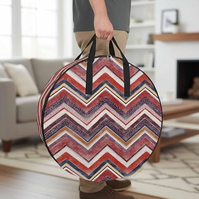 Storage Bag Red Grey Chevron Round Storage Totes Bins Closet Organizers with Zippers & Handle Geometric Design Stripe Clothes Storage Container for Bedroom Dorm Space Saving Packing Supplies Bags