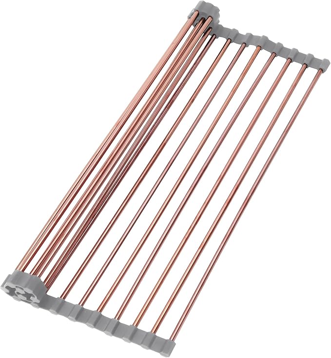 11.8" x 17" Expandable Roll Up Over The Rack Sink Cover Kitchen Dish Drying Rack,SUS304 Stainless Steel Multipurpose Collapsible Organizer Dish Drying Rack for Kitchen Sink Cover,Rose Gold