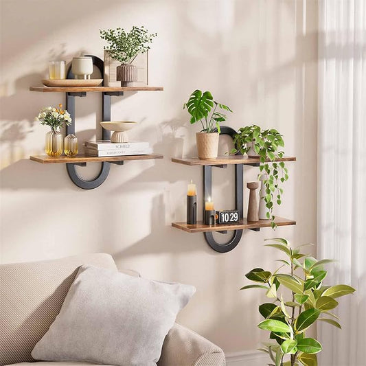 Arched Floating Shelves Set of 2, 15" Vintage Distressed Wall Mounted Shelves with Capsule Frame, Rustic Burnt Wood Hanging Shelves for Bathroom, Living Room, Kitchen, Brown