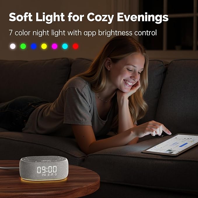 1Mii White Noise Sound Machine with Alarm Clock, Sound Machine for Sleep for Adults Baby, 30 Soothing Sounds, Smart App Controlled, Dimmable 7-Color Night Light, Sleeping Timer, 30 Volume Levels