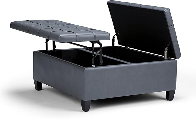 SIMPLIHOME Harrison Coffee Table Storage Ottoman - 36 inch Wide Upholstered Vegan Leather Square Lift-Top Ottoman in Stone Grey, Transitional Ottoman for Living Room with Hidden Storage