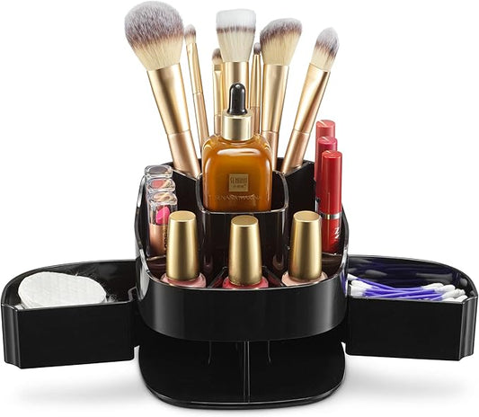 Masirs 360° Rotating Makeup Organizer for Vanity – Small Acrylic Cosmetic Storage Caddy with 5 Compartments, Mini Lazy Susan Turntable for Bathroom Counter, Skincare, Perfume, Brushes, Black