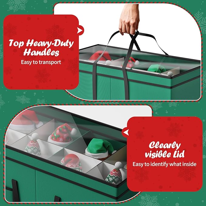 Christmas Figurine Storage Box & Nutcracker Storage Containers with Visible Lid and Dividers, Keeps 8 15"-Figurine Collectibles, Xmas Holiday Decoration Storage Bag, 600D Oxford / Tear-Proof, Green