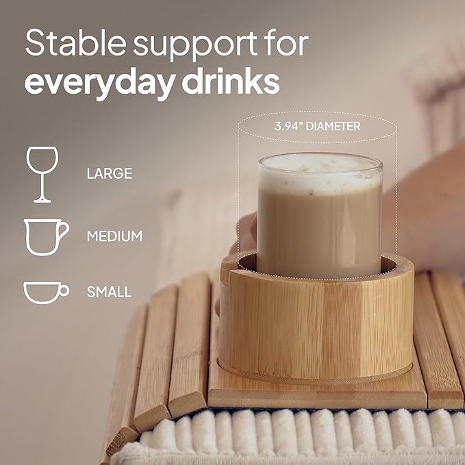 Bamboo Couch Arm Tray for Drinks and Snacks with Detachable Cup Holder and Anti Slip Base, Foldable Sofa Arm Tray for Convenient Couch Side Use