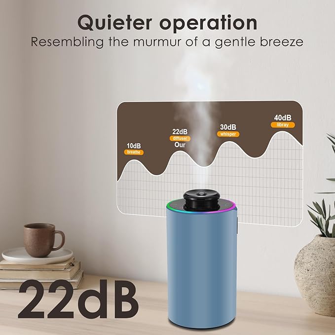 Waterless Essential Oil Diffuser with 8 Color LED Night Light, 3 Mist Levels & Timers, Portable Rechargeable Aromatherapy Diffuser for Home Car Room Studio Office, Metal (Blue)