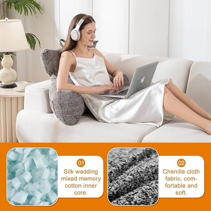 SUNSIDE Reading Pillow with Thickened Arm,Back Pillows for Sitting in Bed,Shredded Memory Foam Bed Rest Pillow with Side/Back Pocket,Backrest Cushion Suitable for Reading, Relaxing(Standard Grey)
