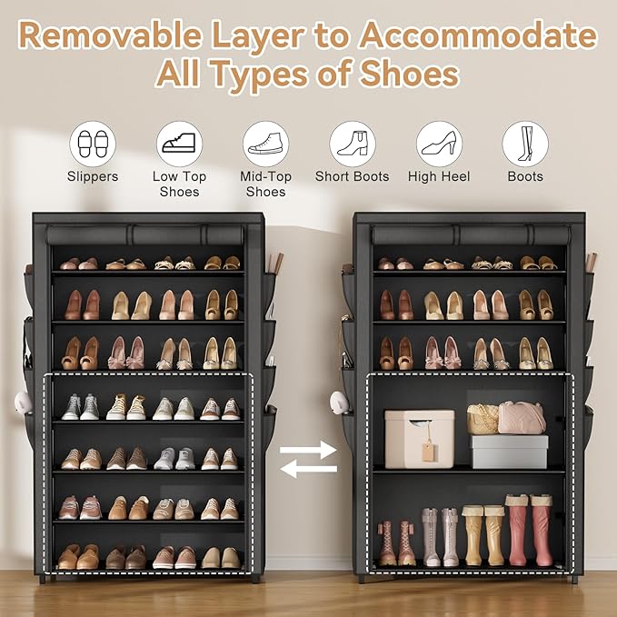 VILICK Shoe Rack with Cover, 7 Tier Shoe Organizer Storage for 32-40 Pair Shoes and Boots Large Shoe Storage Shelf Space Saving Vertical Shoe Rack for Closet, Front Door Entrance, Dorm, Garage