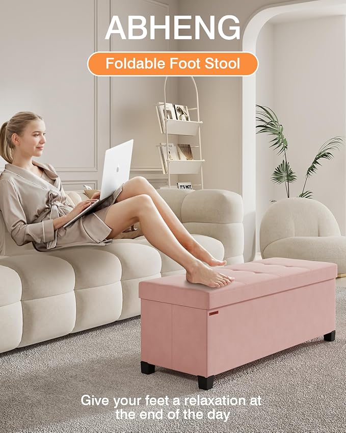 ABHENG Foldable Storage Ottoman Bench, Velvet Footrest and Seat Cube with Feet, Storage Chest, for Living Room, Bedroom and Office, 15 x 43 x 15.7 Inches, Jelly Pink, ASND24P