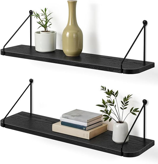 Afuly 24in Floating Shelves for Wall, Black Wooden Shelves with Triangular Brackets for Bathroom, Living Room, Bedroom, Kitchen, Home Wall Decor, Set of 2