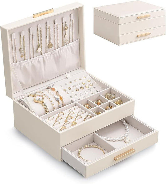 Lolalet 2-Layer Jewelry Box Organizer for Women Girls, Jewelry Storage Case Holder with Drawers for Necklaces Ring Earrings Bracelet Watch, Gifts Choice for Mom Mother’s Day -Beige