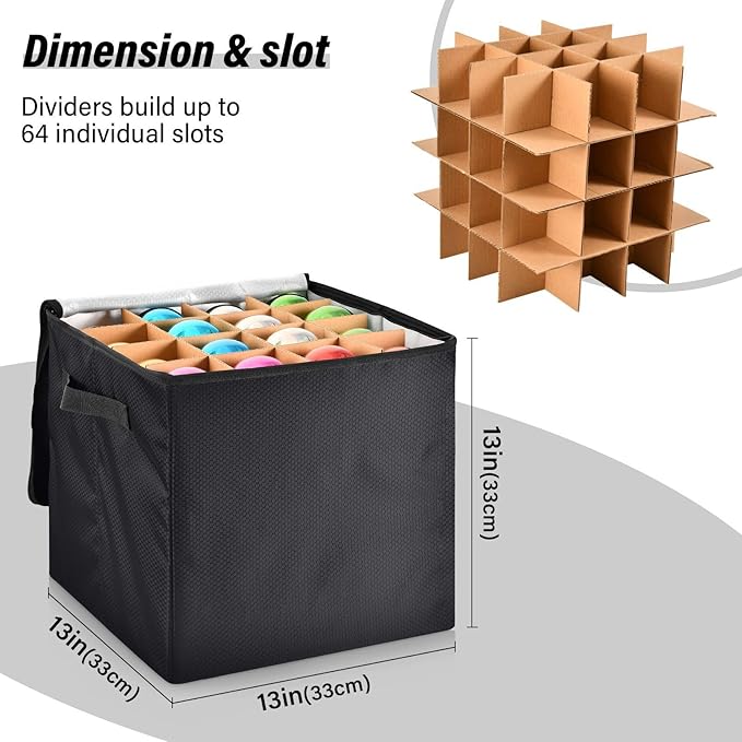 Black Christmas Ornament Storage Basket Box Holiday Storage Container Cube with Adjustable Dividers for 64 Holiday Ornaments or Decorations Keeps Clean and Dry for Next Season