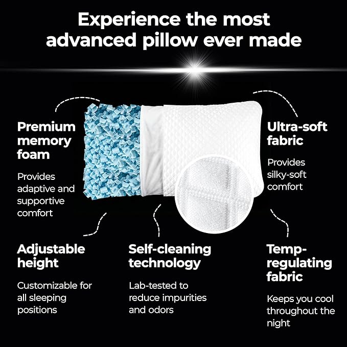 Silvery Silver Infused Restcool Bed Pillow - Adjustable Memory Foam Fill with Self-Cooling Fabric - Self-Cleaning Technology that Stays Fresh 3X Longer (White, King)