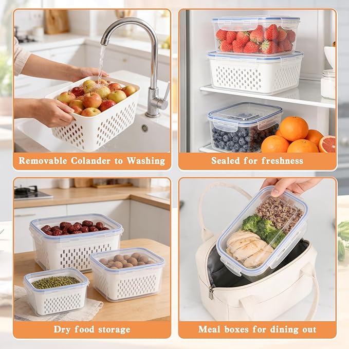 4 in 1 Food Storage Container, 3Pcs Fruit Storage Containers for Fridge with Removable Colanders, Produce Keeper Containers for Fridge with Lid and Strainer