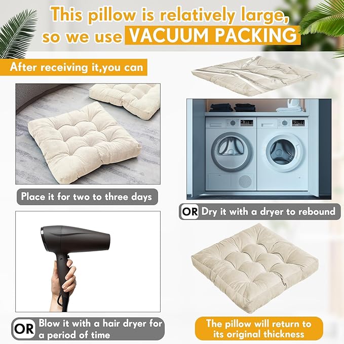 Jerify Floor Pillow Cushions Large Round Square Large Meditation Floor Pillow for Classroom Adult Meditation Picnic Party Seating Learning Daycare School(Square,Beige,2 Pcs)